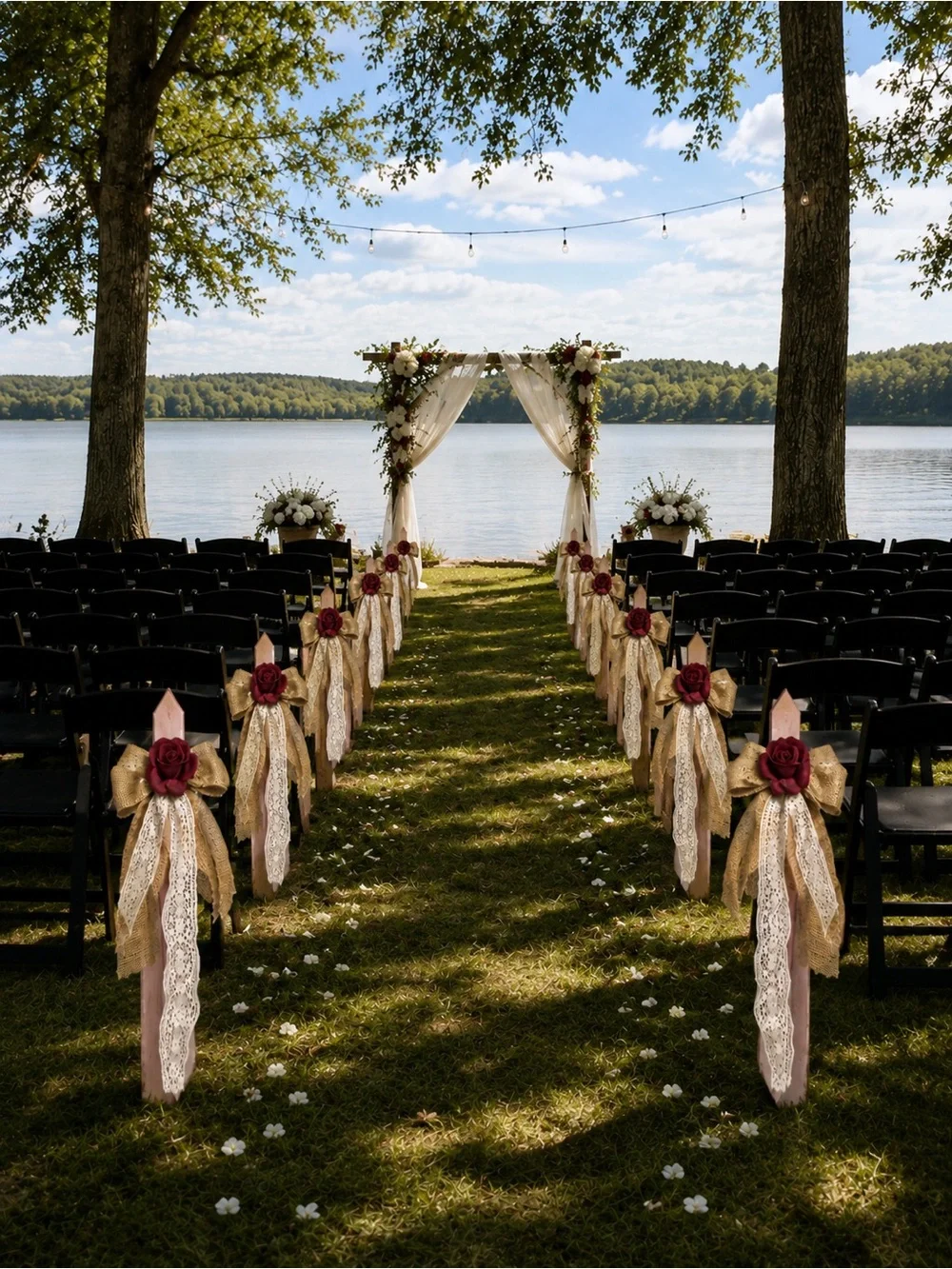 Rustic Burlap & Lace Pew Bow with Burgundy Rose - Set of 16 with Wood Stakes